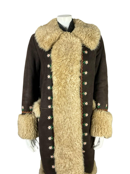VTG 60S 70S DARK BROWN SUEDE CREAM SHEARLING FLORAL DAISY EMBROIDERY COAT 16