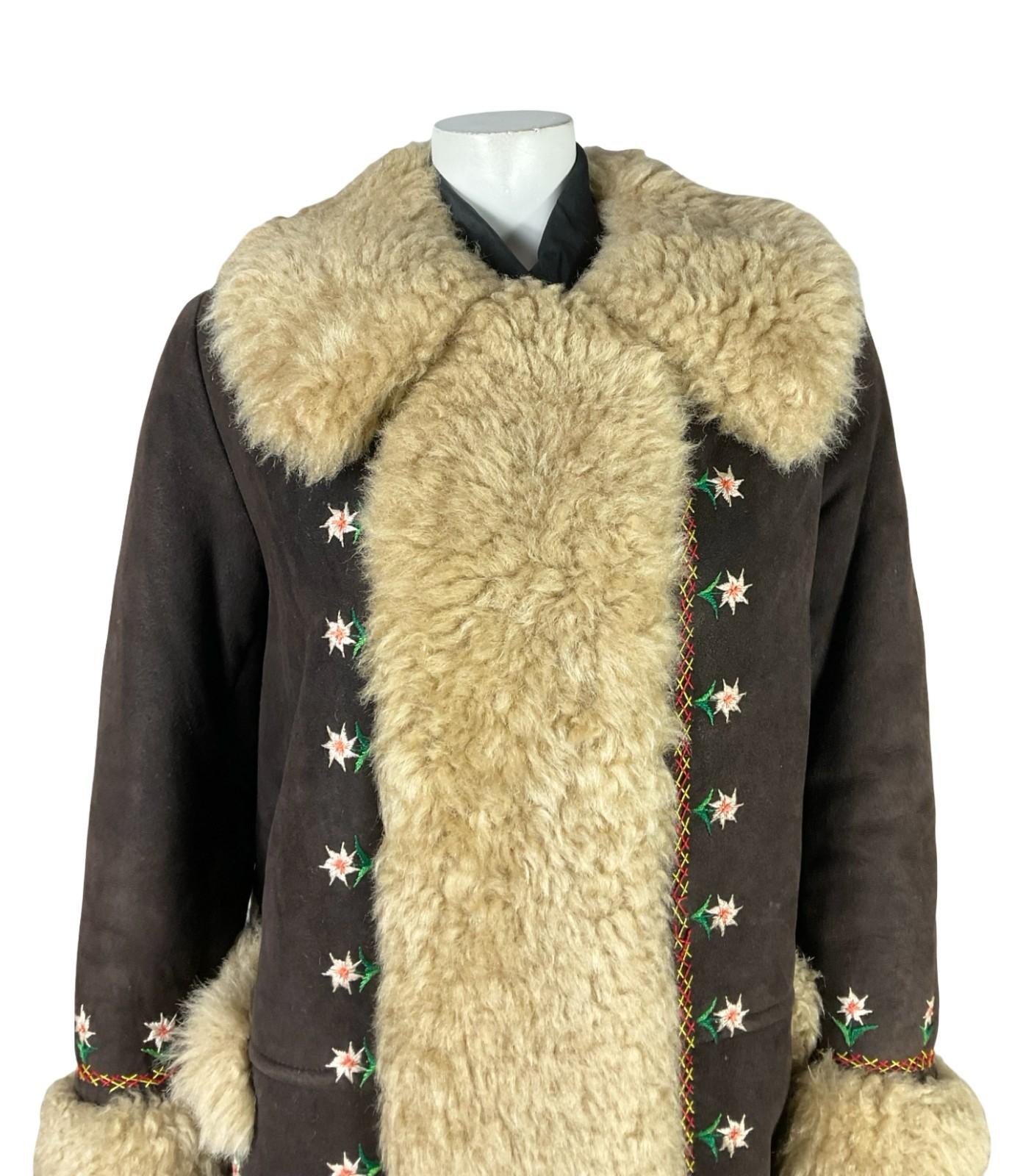 VTG 60S 70S DARK BROWN SUEDE CREAM SHEARLING FLORAL DAISY EMBROIDERY COAT 16