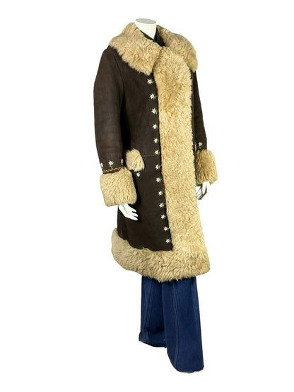 VTG 60S 70S DARK BROWN SUEDE CREAM SHEARLING FLORAL DAISY EMBROIDERY COAT 16