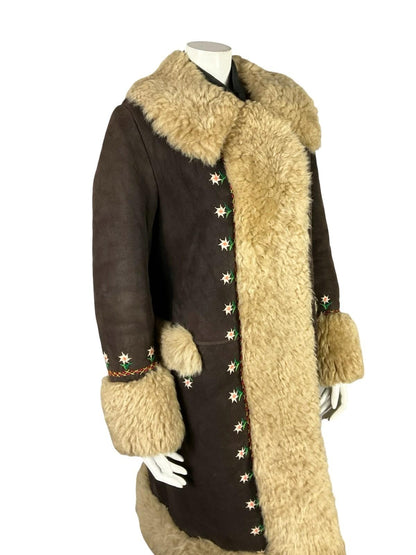 VTG 60S 70S DARK BROWN SUEDE CREAM SHEARLING FLORAL DAISY EMBROIDERY COAT 16