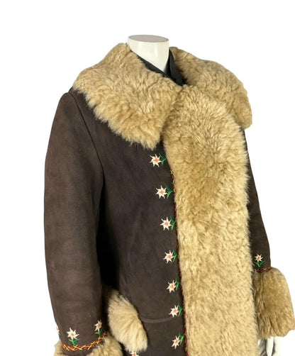 VTG 60S 70S DARK BROWN SUEDE CREAM SHEARLING FLORAL DAISY EMBROIDERY COAT 16