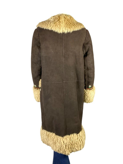 VTG 60S 70S DARK BROWN SUEDE CREAM SHEARLING FLORAL DAISY EMBROIDERY COAT 16
