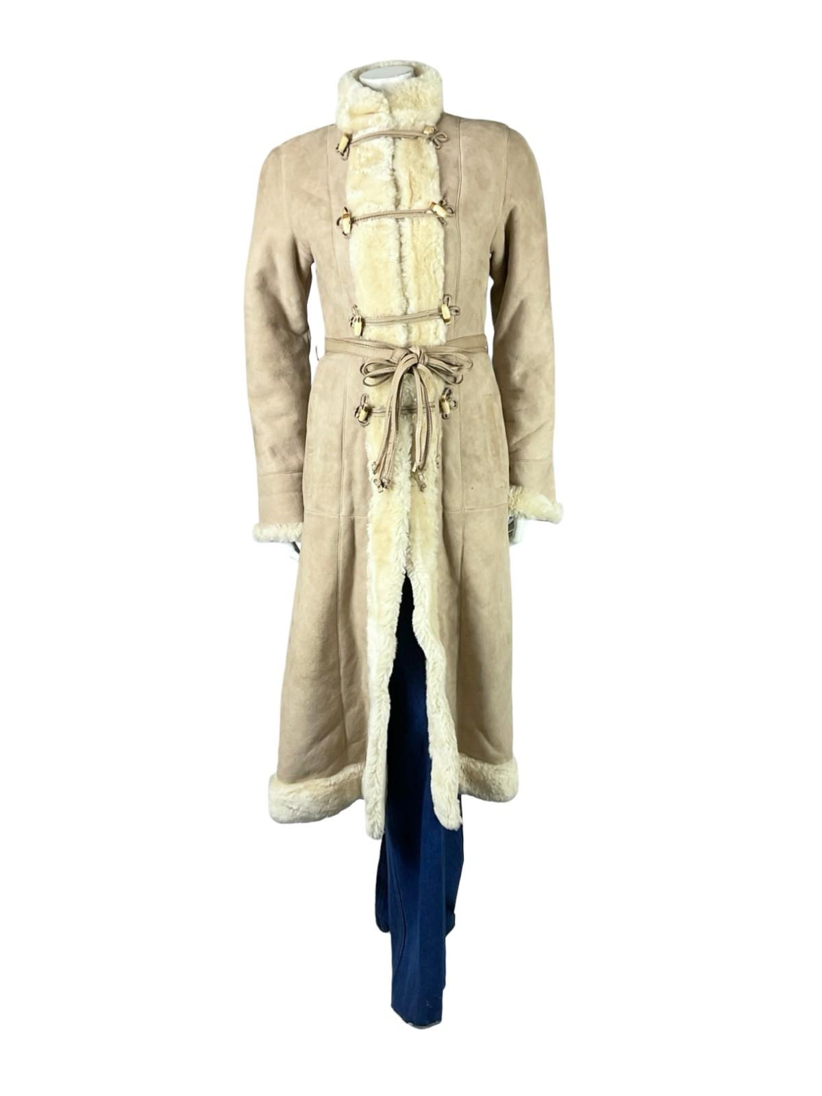 VTG 60S 70S CREAM BEIGE BOHO DR ZHIVAGO LEATHER WAIST TIE SHEARLING LONG COAT 10