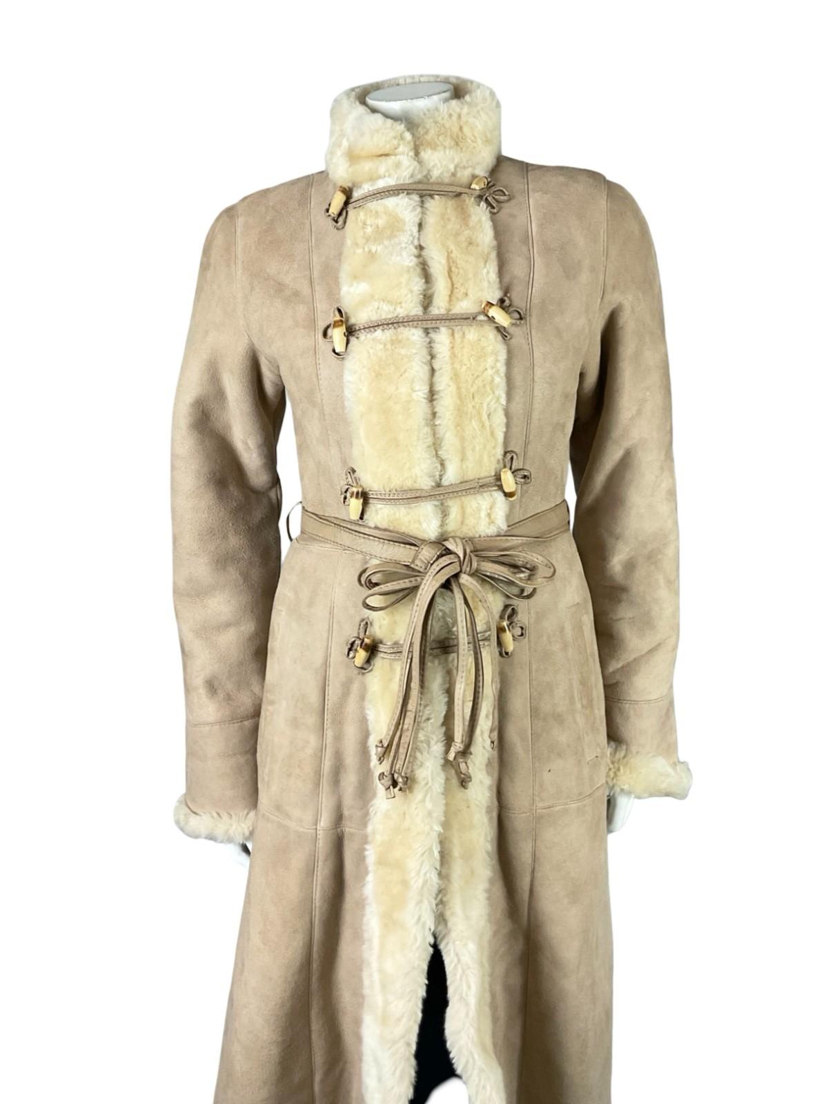 VTG 60S 70S CREAM BEIGE BOHO DR ZHIVAGO LEATHER WAIST TIE SHEARLING LONG COAT 10