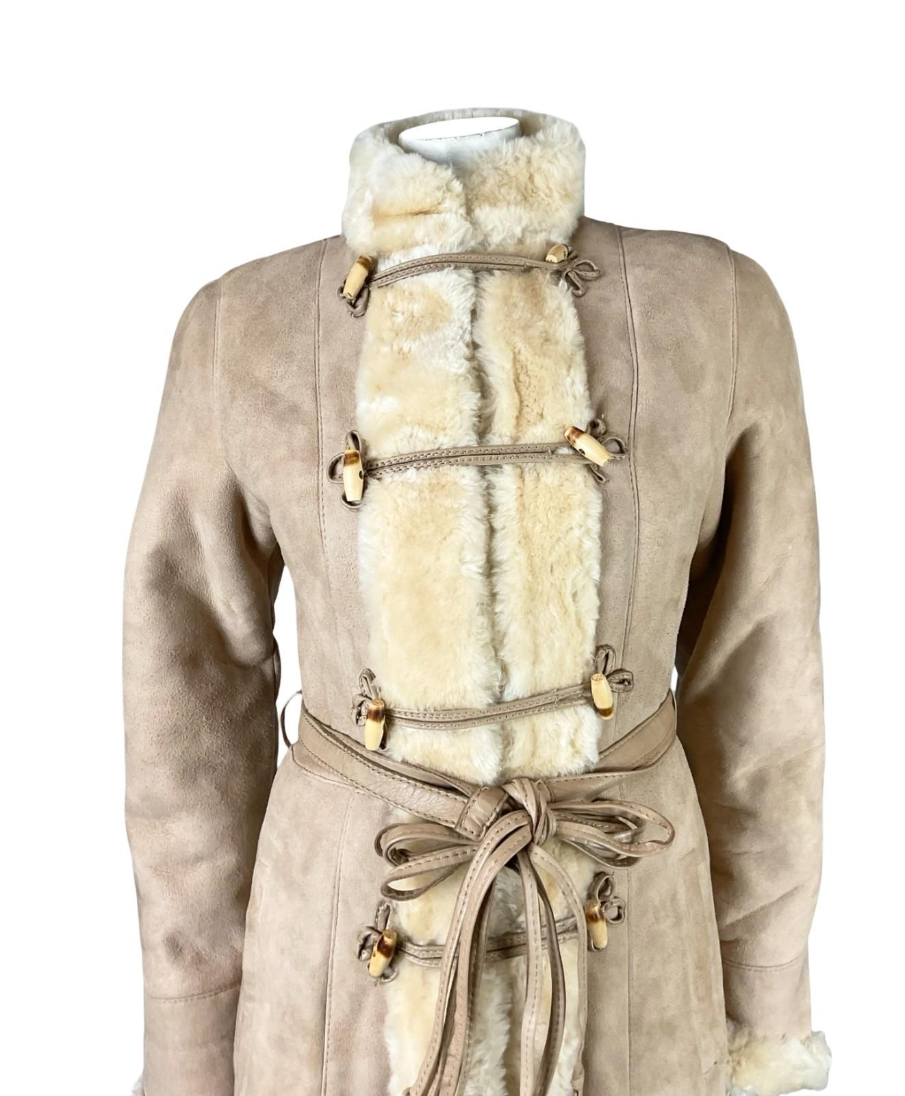VTG 60S 70S CREAM BEIGE BOHO DR ZHIVAGO LEATHER WAIST TIE SHEARLING LONG COAT 10