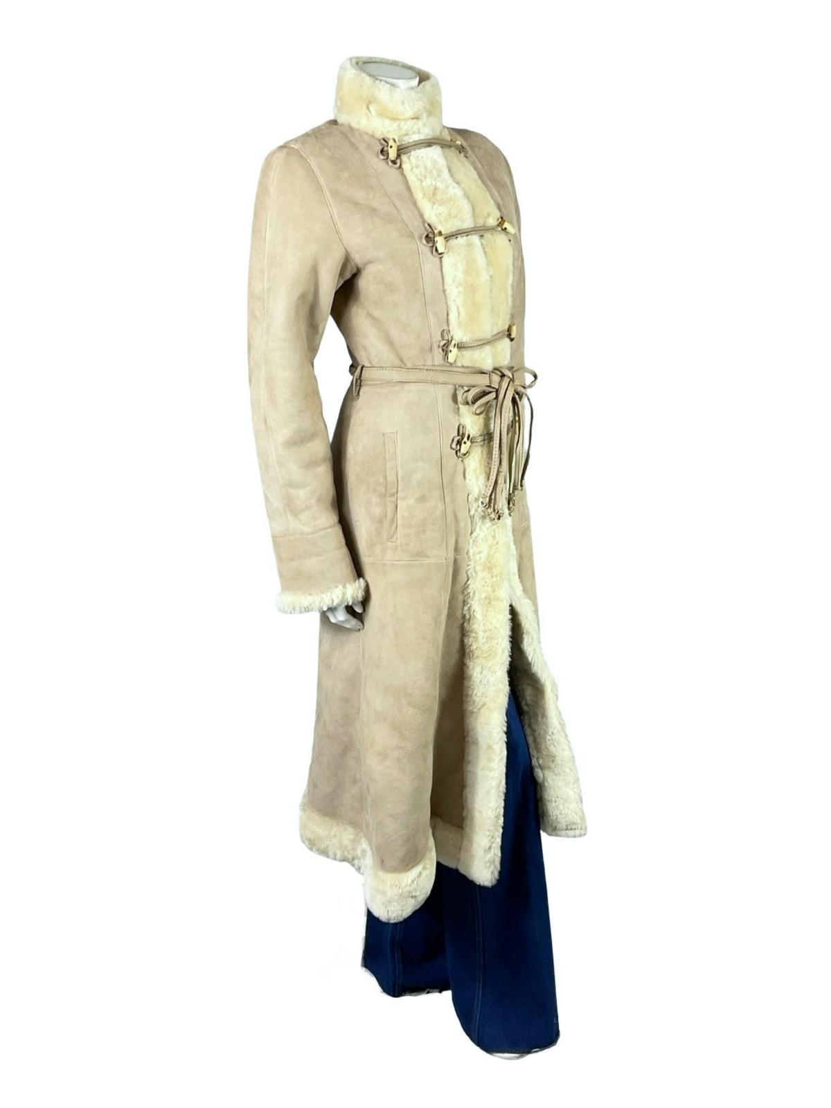 VTG 60S 70S CREAM BEIGE BOHO DR ZHIVAGO LEATHER WAIST TIE SHEARLING LONG COAT 10