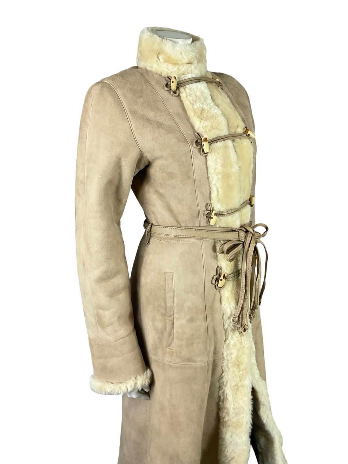 VTG 60S 70S CREAM BEIGE BOHO DR ZHIVAGO LEATHER WAIST TIE SHEARLING LONG COAT 10