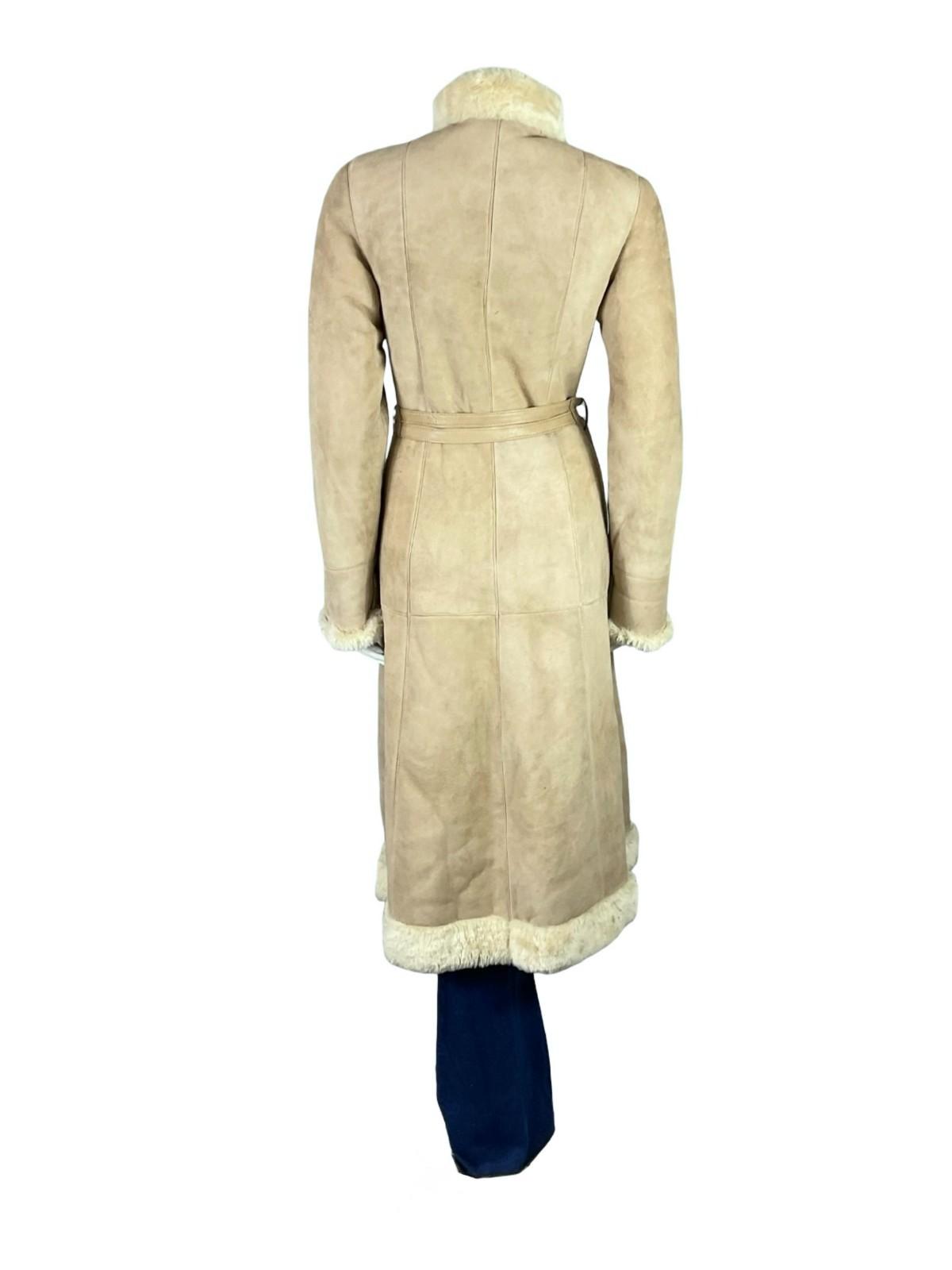 VTG 60S 70S CREAM BEIGE BOHO DR ZHIVAGO LEATHER WAIST TIE SHEARLING LONG COAT 10