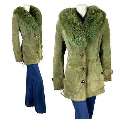 Shrinking Violets Vintage 60s 70s mossy green shearling coat with space age mod pockets