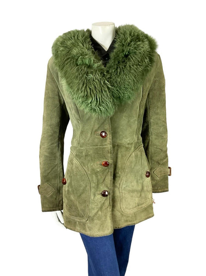 VTG 60S 70S SAGE GREEN SUEDE SHEARLING MOD BOHO CONTRAST STITCHING COAT 14