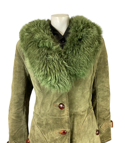 VTG 60S 70S SAGE GREEN SUEDE SHEARLING MOD BOHO CONTRAST STITCHING COAT 14
