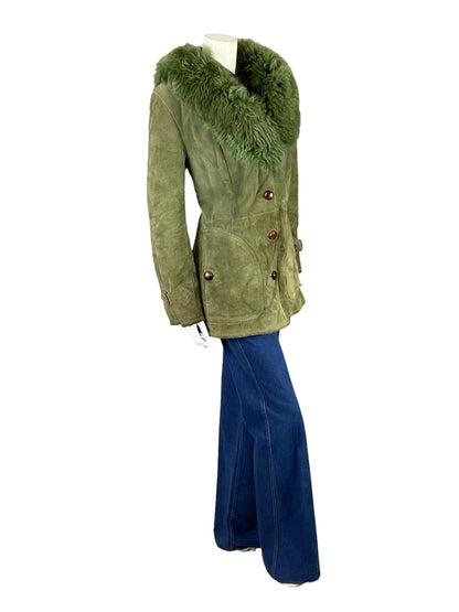 VTG 60S 70S SAGE GREEN SUEDE SHEARLING MOD BOHO CONTRAST STITCHING COAT 14