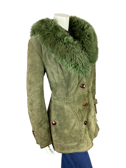 VTG 60S 70S SAGE GREEN SUEDE SHEARLING MOD BOHO CONTRAST STITCHING COAT 14