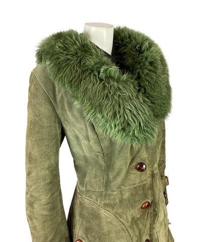 VTG 60S 70S SAGE GREEN SUEDE SHEARLING MOD BOHO CONTRAST STITCHING COAT 14