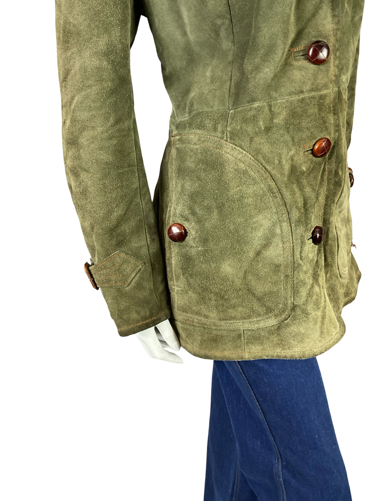 VTG 60S 70S SAGE GREEN SUEDE SHEARLING MOD BOHO CONTRAST STITCHING COAT 14