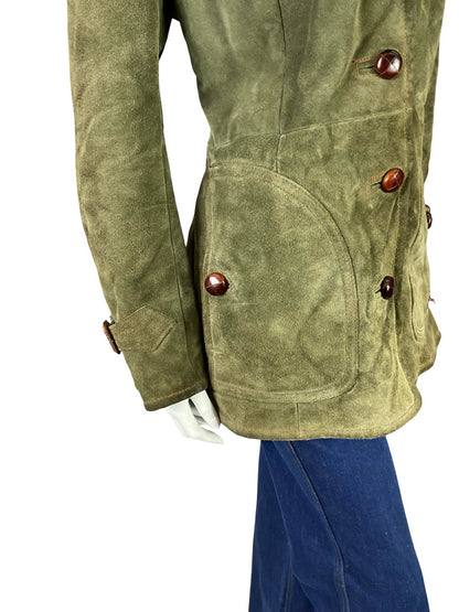 VTG 60S 70S SAGE GREEN SUEDE SHEARLING MOD BOHO CONTRAST STITCHING COAT 14