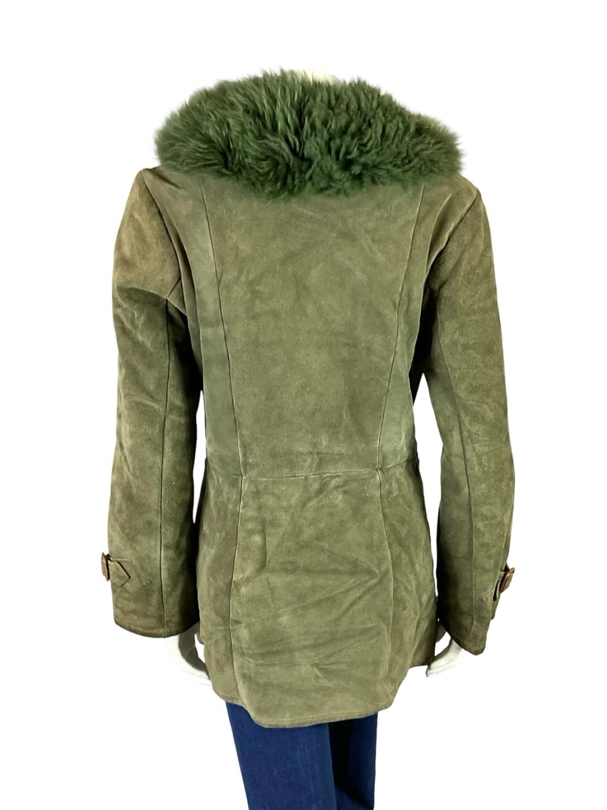 VTG 60S 70S SAGE GREEN SUEDE SHEARLING MOD BOHO CONTRAST STITCHING COAT 14