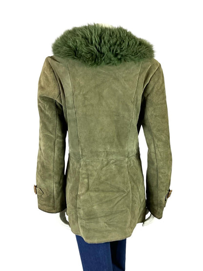 VTG 60S 70S SAGE GREEN SUEDE SHEARLING MOD BOHO CONTRAST STITCHING COAT 14