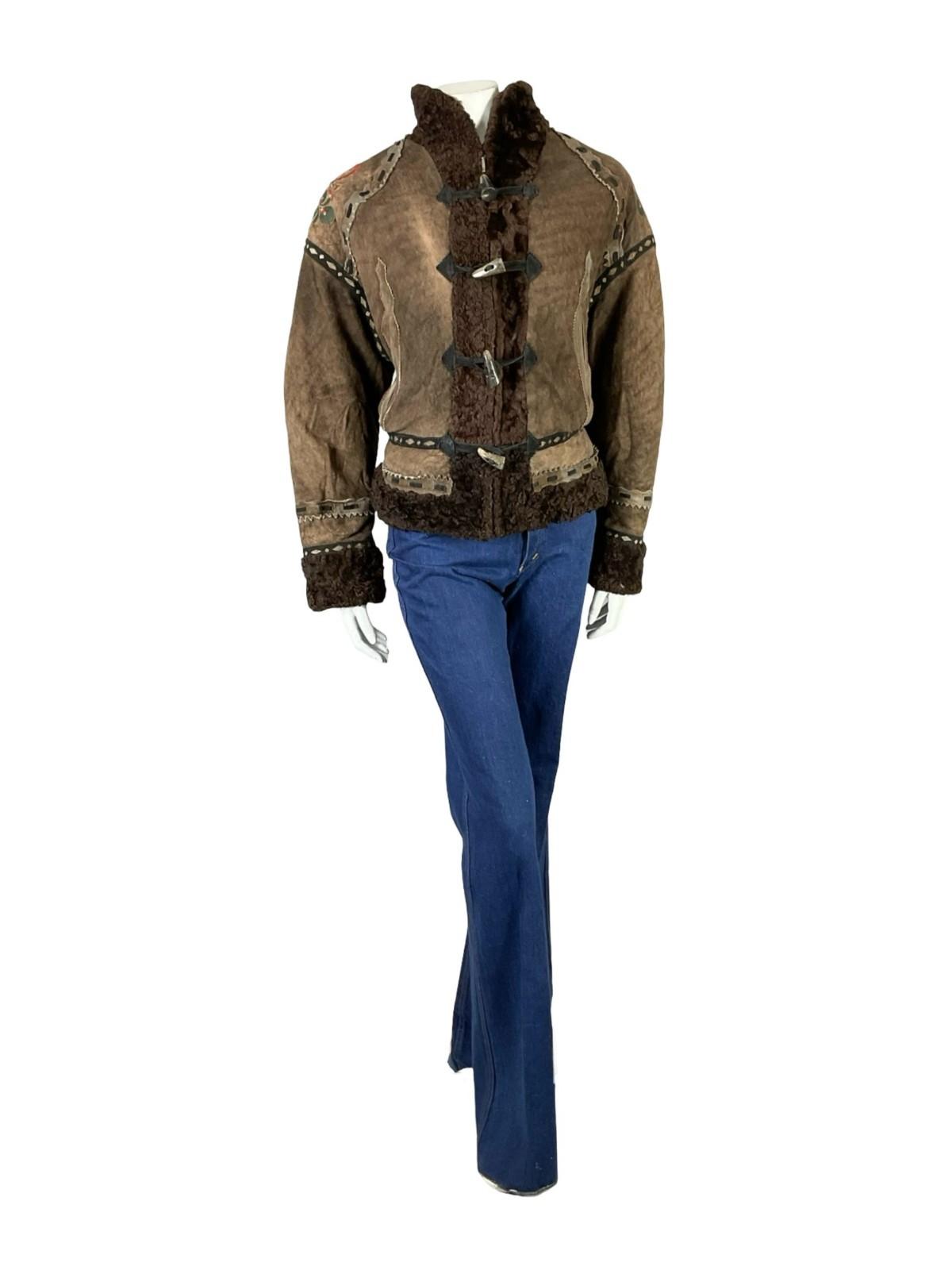 VTG 60S 70S brown RIBBON BOHO FLORAL EMBROIDERY DIE CUT SHEARLING ZIP UP COAT 18