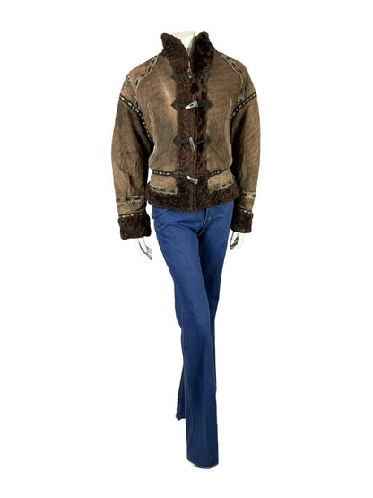 VTG 60S 70S brown RIBBON BOHO FLORAL EMBROIDERY DIE CUT SHEARLING ZIP UP COAT 18