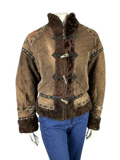 VTG 60S 70S brown RIBBON BOHO FLORAL EMBROIDERY DIE CUT SHEARLING ZIP UP COAT 18
