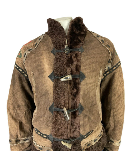 VTG 60S 70S brown RIBBON BOHO FLORAL EMBROIDERY DIE CUT SHEARLING ZIP UP COAT 18
