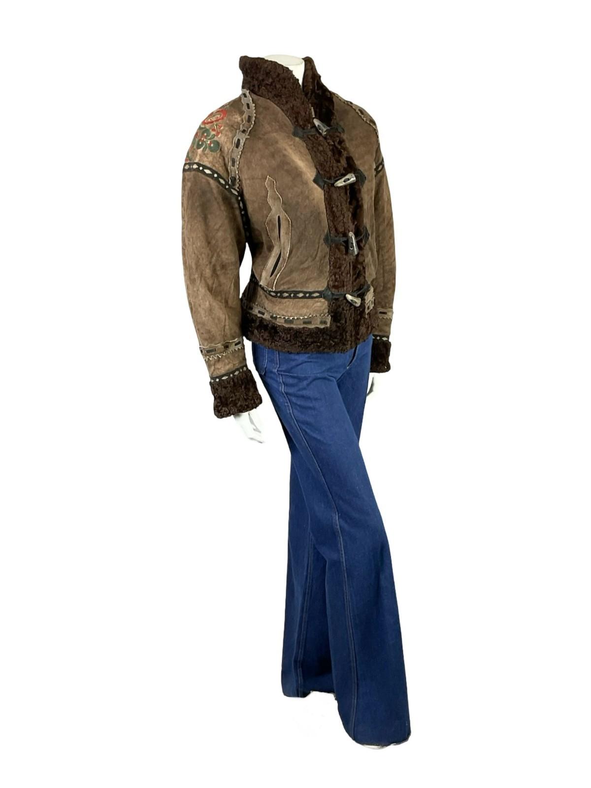 VTG 60S 70S brown RIBBON BOHO FLORAL EMBROIDERY DIE CUT SHEARLING ZIP UP COAT 18