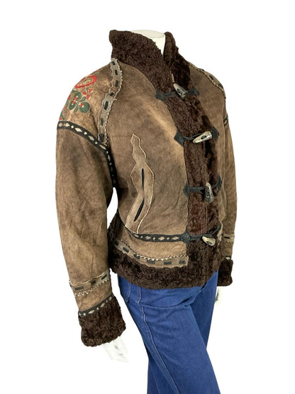 VTG 60S 70S brown RIBBON BOHO FLORAL EMBROIDERY DIE CUT SHEARLING ZIP UP COAT 18