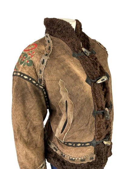 VTG 60S 70S brown RIBBON BOHO FLORAL EMBROIDERY DIE CUT SHEARLING ZIP UP COAT 18