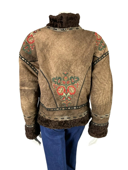 VTG 60S 70S brown RIBBON BOHO FLORAL EMBROIDERY DIE CUT SHEARLING ZIP UP COAT 18
