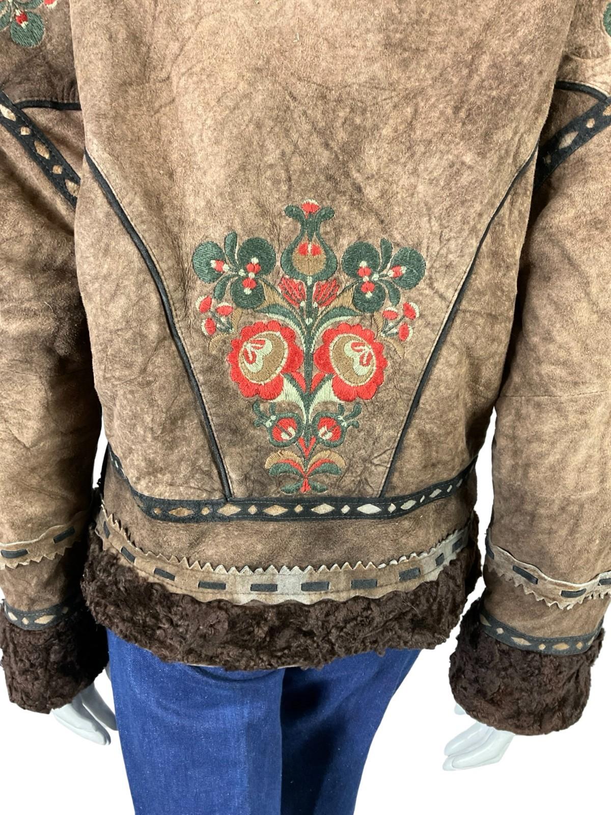 VTG 60S 70S brown RIBBON BOHO FLORAL EMBROIDERY DIE CUT SHEARLING ZIP UP COAT 18