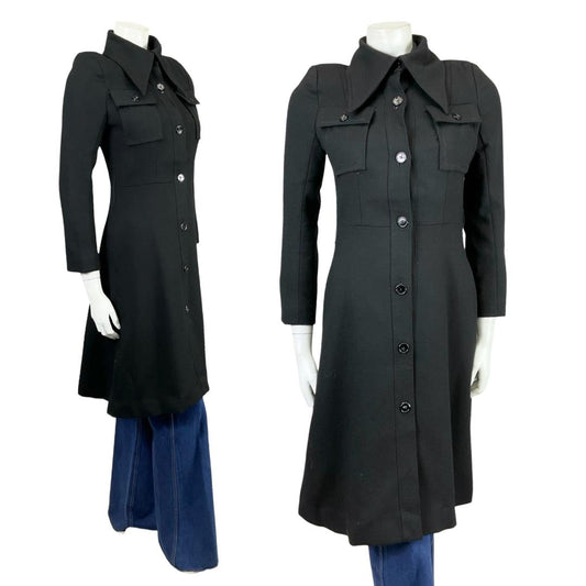 Vintage 60s 70s Japanese plain black dagger collar mod long coat on a mannequin