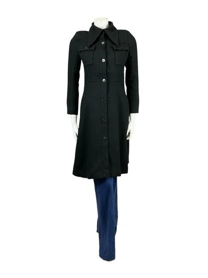VTG 60S 70S JAPANESE BLACK MOD DAGGER COLLAR LONG COAT WITH POCKETS 8