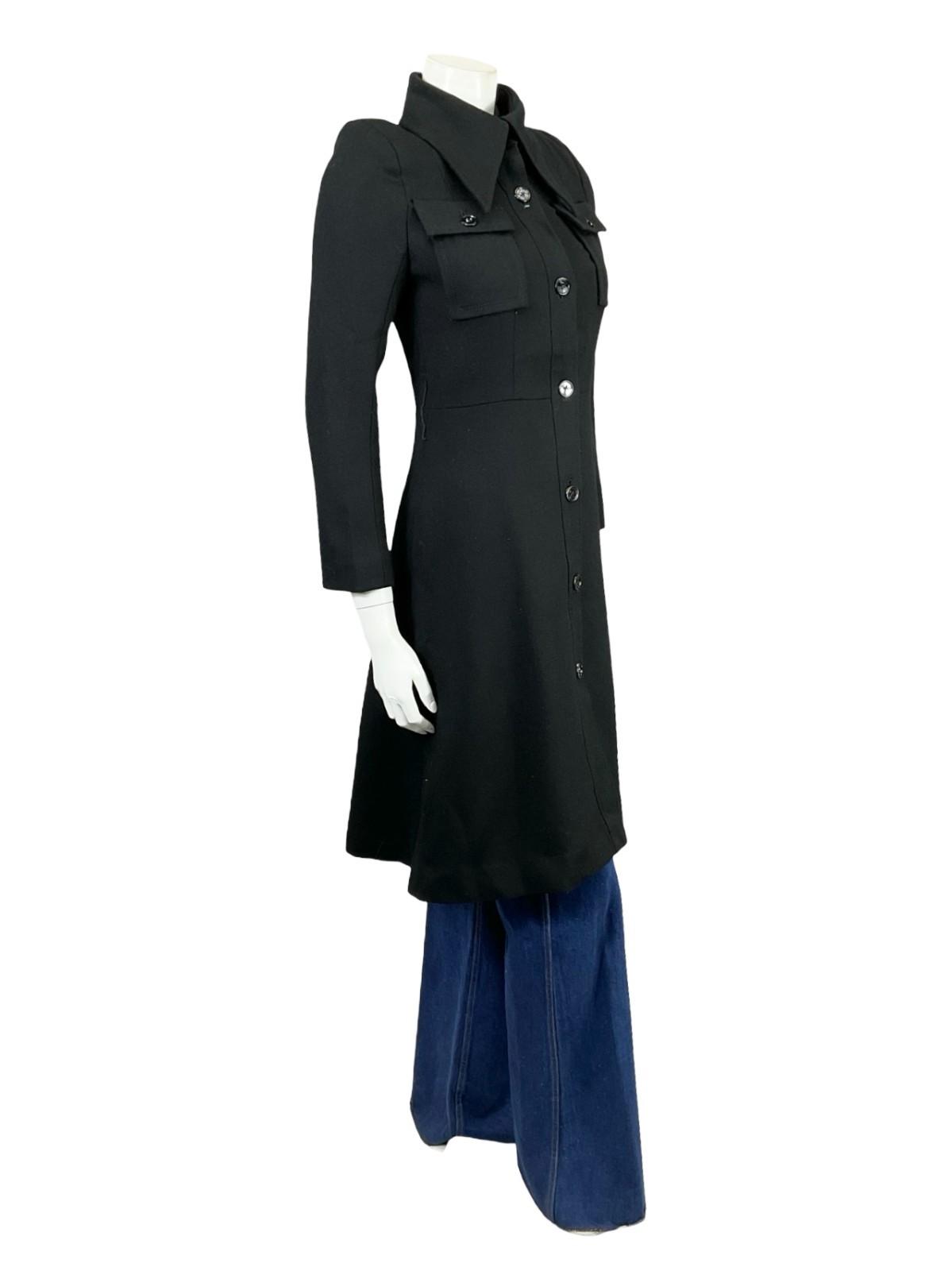 VTG 60S 70S JAPANESE BLACK MOD DAGGER COLLAR LONG COAT WITH POCKETS 8