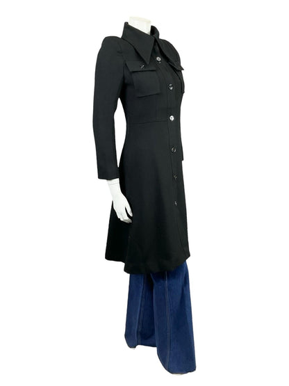 VTG 60S 70S JAPANESE BLACK MOD DAGGER COLLAR LONG COAT WITH POCKETS 8