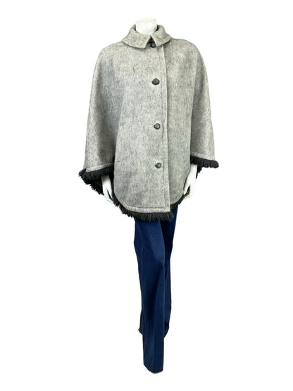 VTG 60S 70S GREY BLACK FRINGE MONOCHROME MOD CAPE WITH POCKETS 12 M