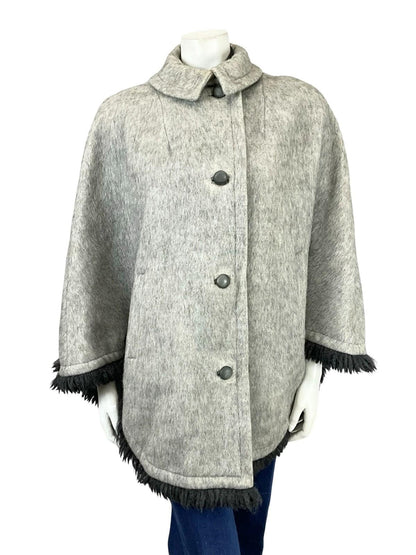 VTG 60S 70S GREY BLACK FRINGE MONOCHROME MOD CAPE WITH POCKETS 12 M