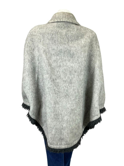 VTG 60S 70S GREY BLACK FRINGE MONOCHROME MOD CAPE WITH POCKETS 12 M