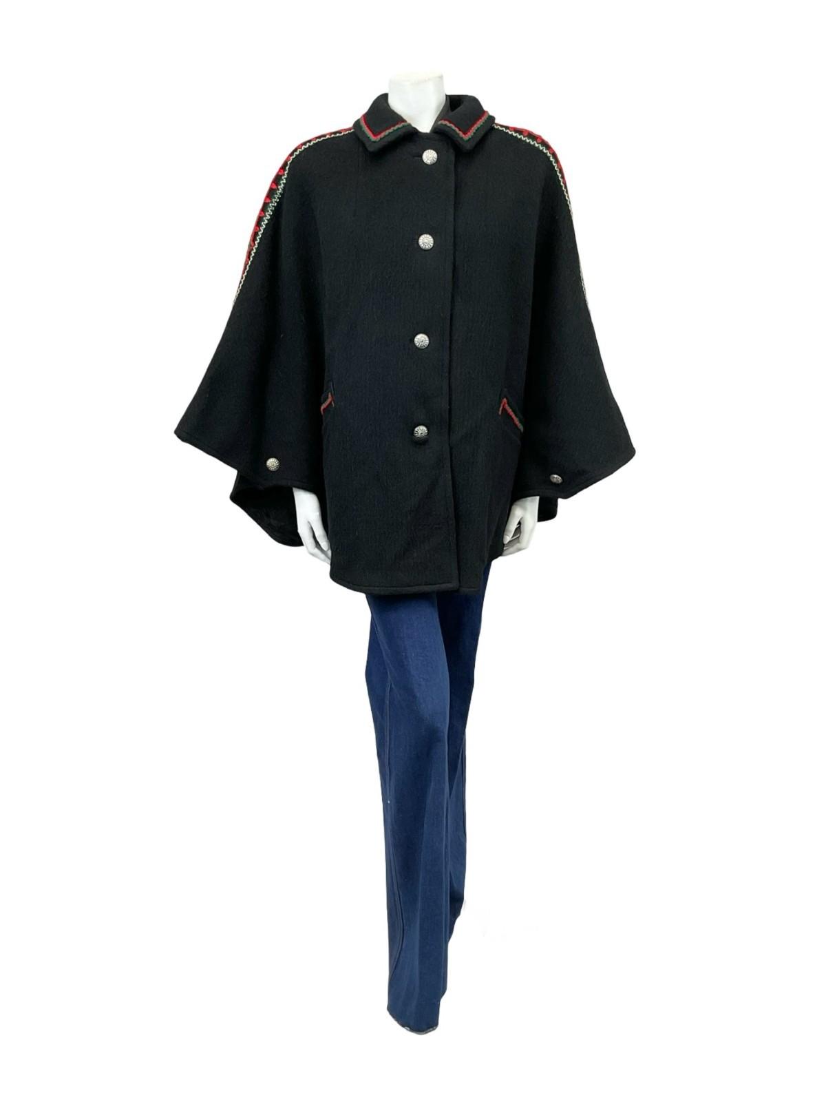 VTG 60S 70S BLACK GREEN RED FELT WOOL EMBROIDERED FOLK HIPPY CAPE 12 14 M