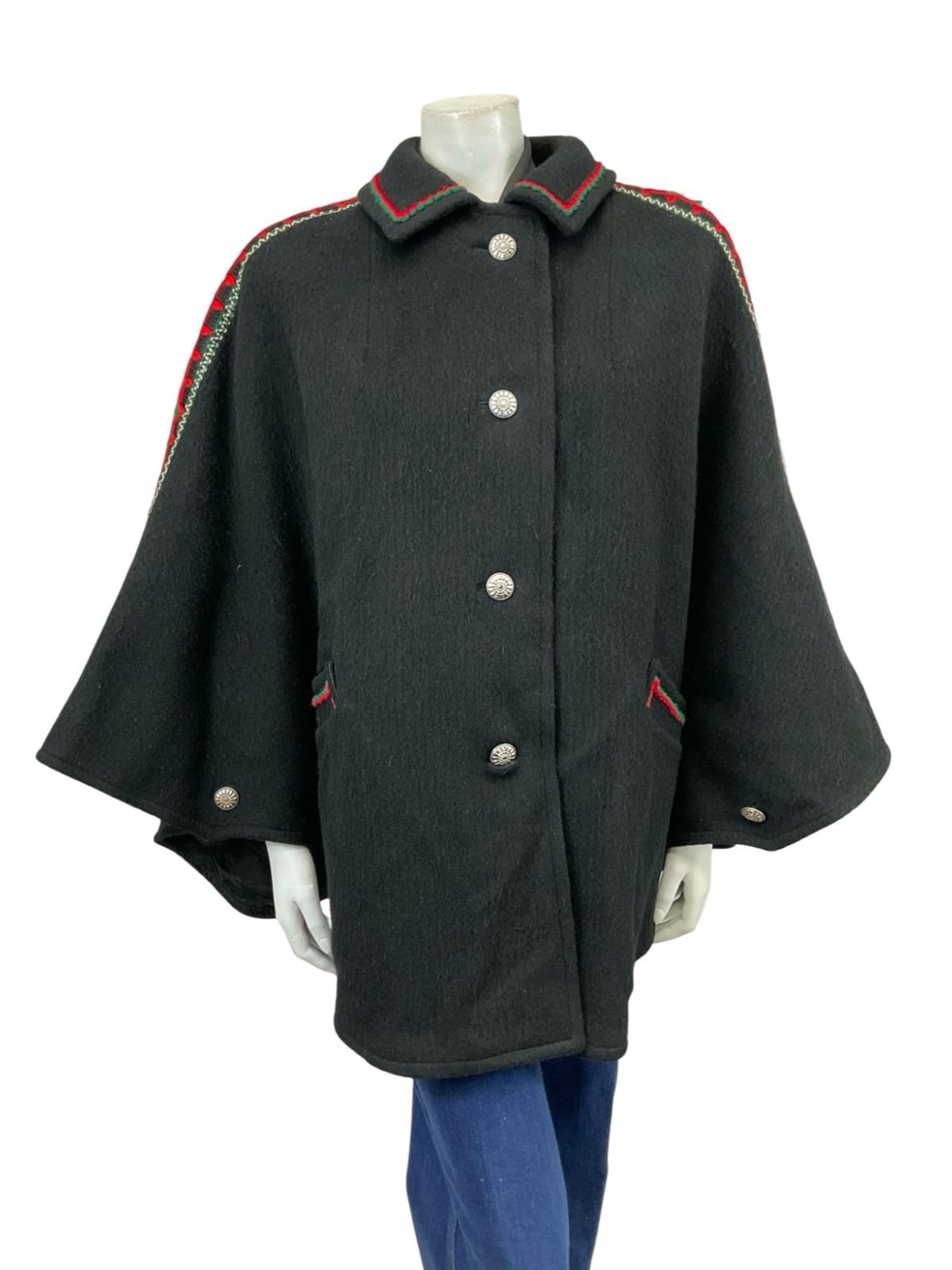 VTG 60S 70S BLACK GREEN RED FELT WOOL EMBROIDERED FOLK HIPPY CAPE 12 14 M