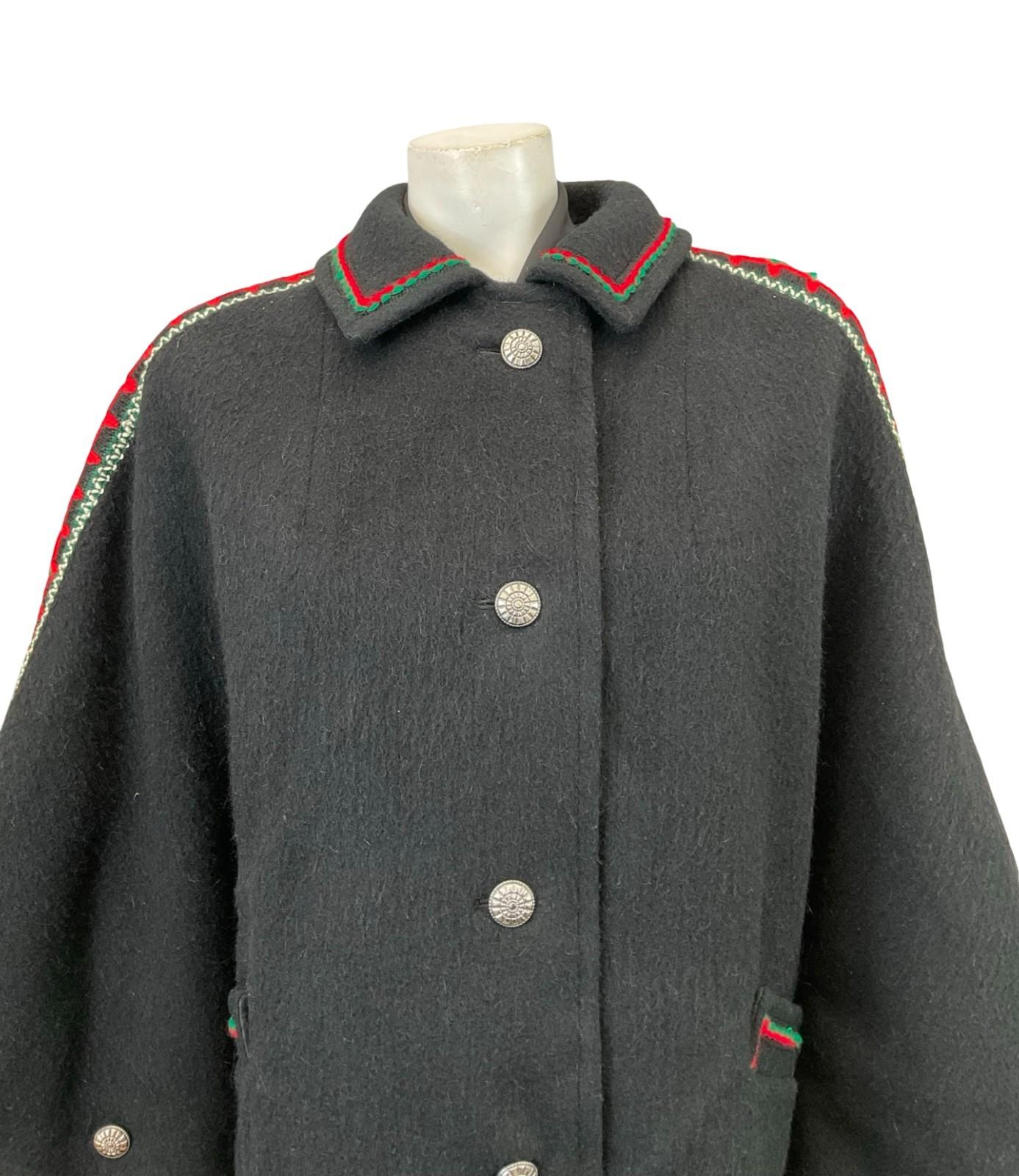 VTG 60S 70S BLACK GREEN RED FELT WOOL EMBROIDERED FOLK HIPPY CAPE 12 14 M