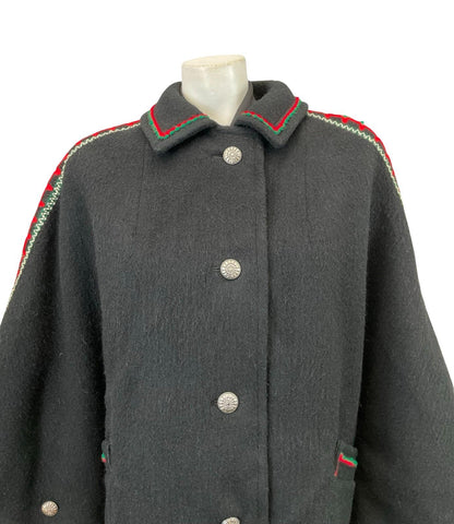 VTG 60S 70S BLACK GREEN RED FELT WOOL EMBROIDERED FOLK HIPPY CAPE 12 14 M