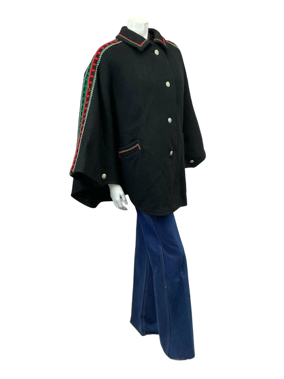 VTG 60S 70S BLACK GREEN RED FELT WOOL EMBROIDERED FOLK HIPPY CAPE 12 14 M