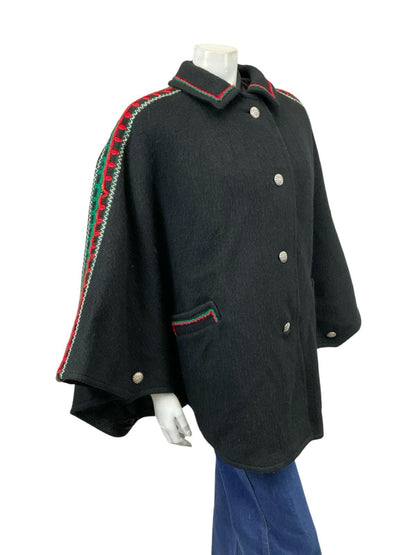 VTG 60S 70S BLACK GREEN RED FELT WOOL EMBROIDERED FOLK HIPPY CAPE 12 14 M