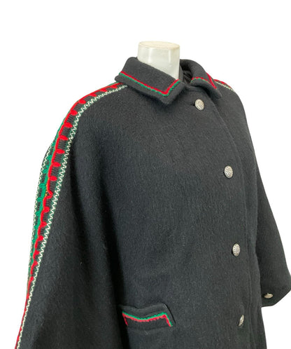 VTG 60S 70S BLACK GREEN RED FELT WOOL EMBROIDERED FOLK HIPPY CAPE 12 14 M