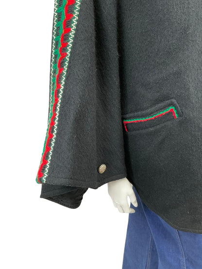 VTG 60S 70S BLACK GREEN RED FELT WOOL EMBROIDERED FOLK HIPPY CAPE 12 14 M