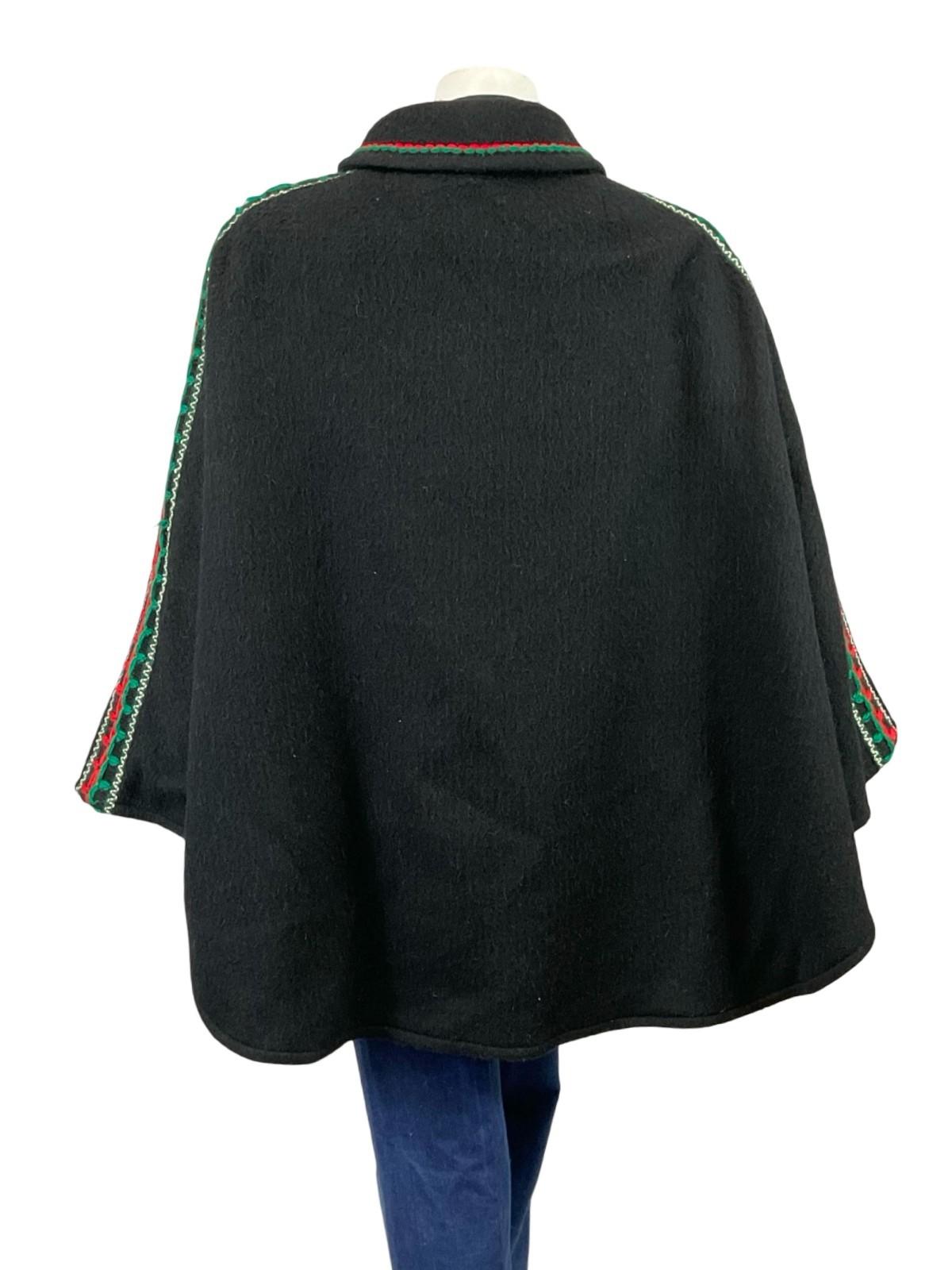 VTG 60S 70S BLACK GREEN RED FELT WOOL EMBROIDERED FOLK HIPPY CAPE 12 14 M