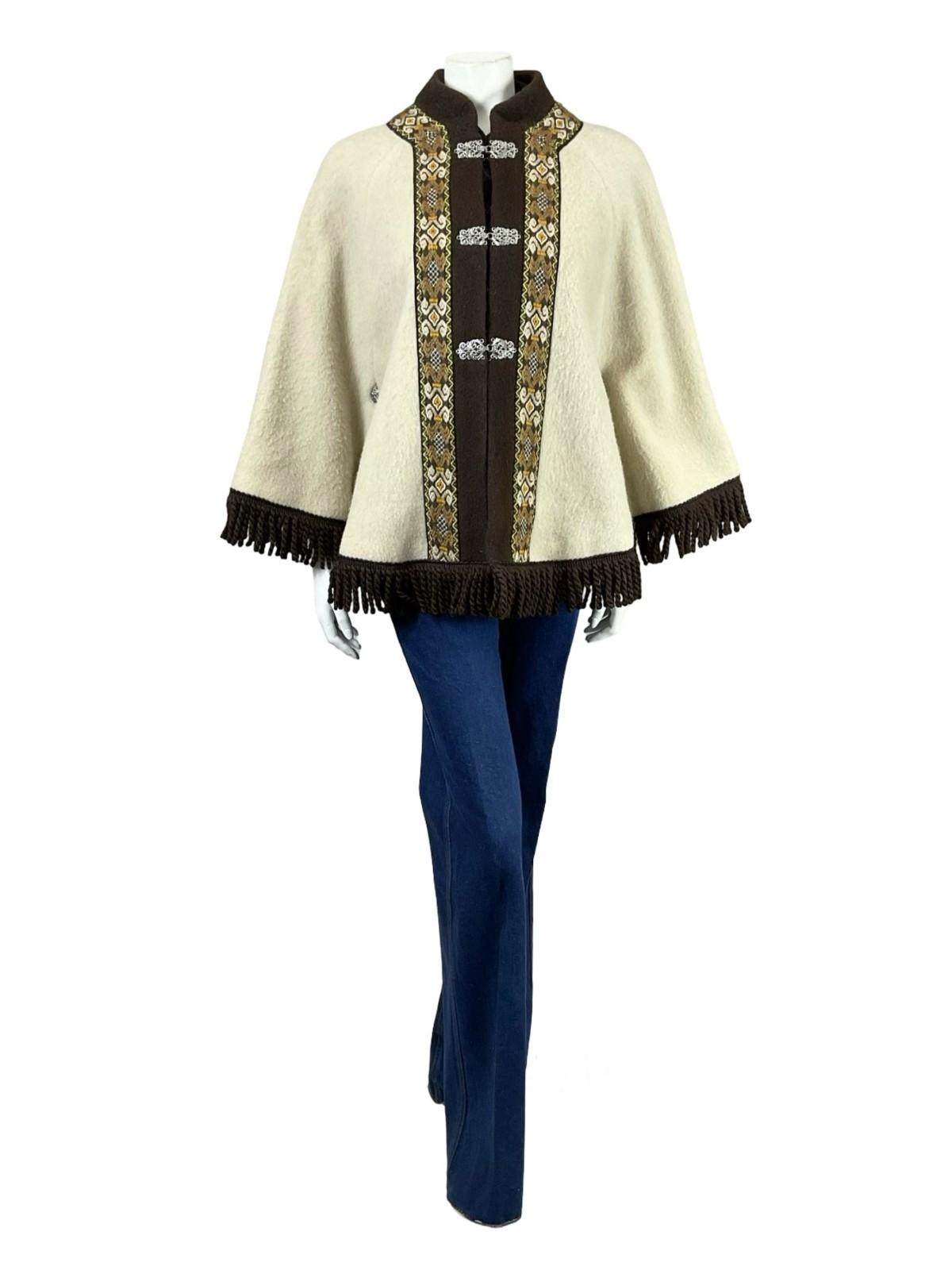 VTG 60S 70S CREAM BEIGE BROWN NORDIC WOOL FELT FRINGE BOHO FOLK CAPE 6 8 10 S
