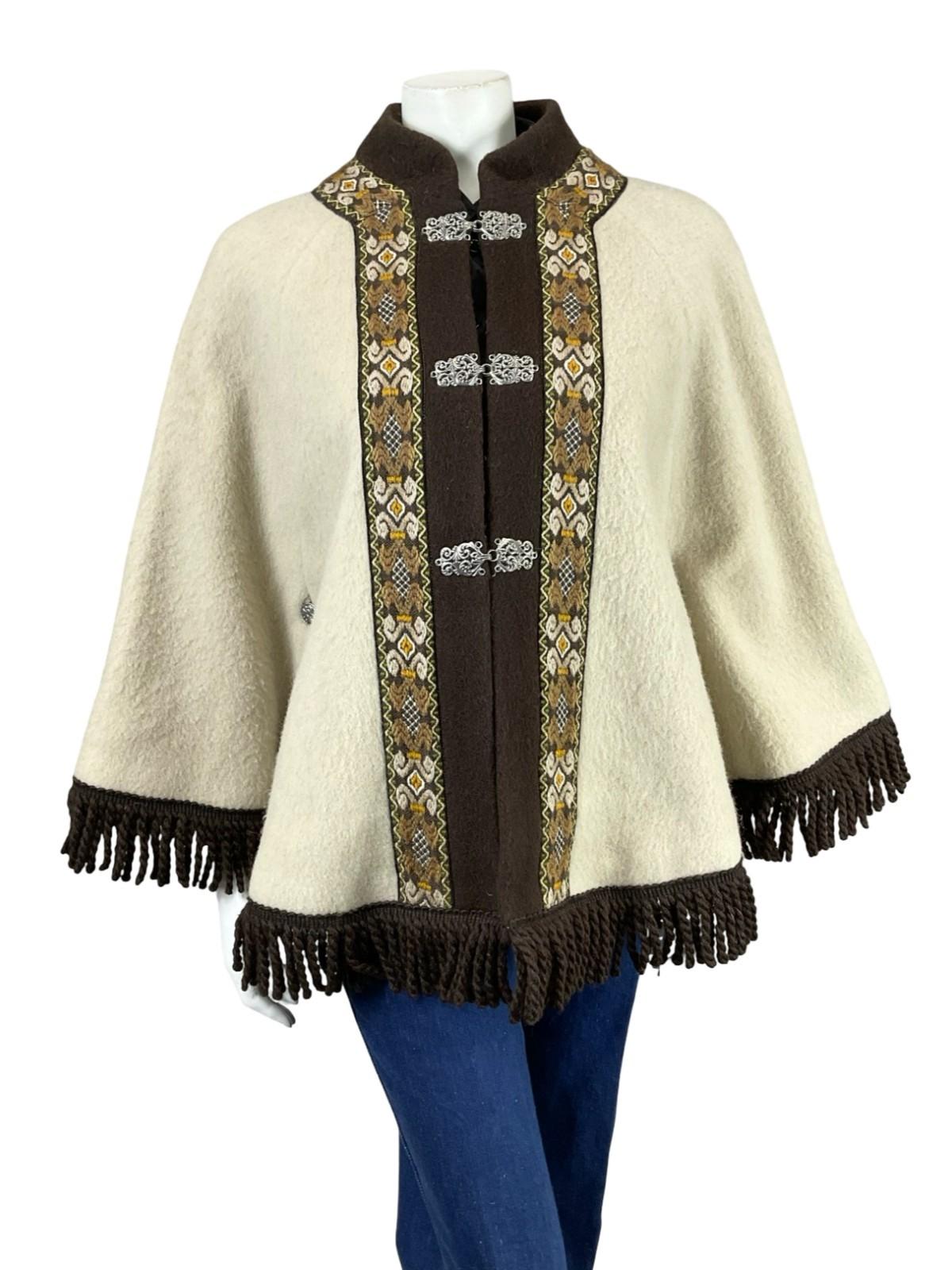 VTG 60S 70S CREAM BEIGE BROWN NORDIC WOOL FELT FRINGE BOHO FOLK CAPE 6 8 10 S