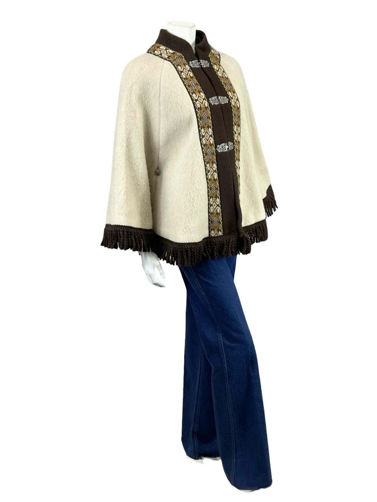 VTG 60S 70S CREAM BEIGE BROWN NORDIC WOOL FELT FRINGE BOHO FOLK CAPE 6 8 10 S